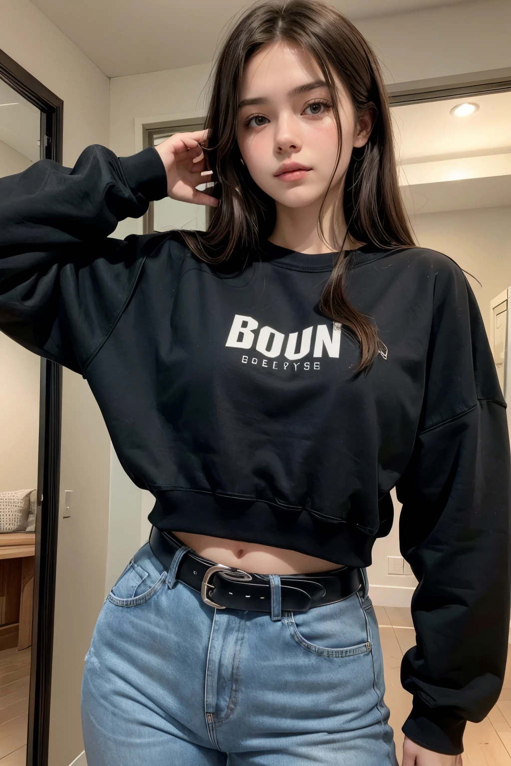 Beautiful 20-year-old brunette girl wearing a sweatshirt and high-waisted jeans and wearing a black belt with her hand on her head showing her navel