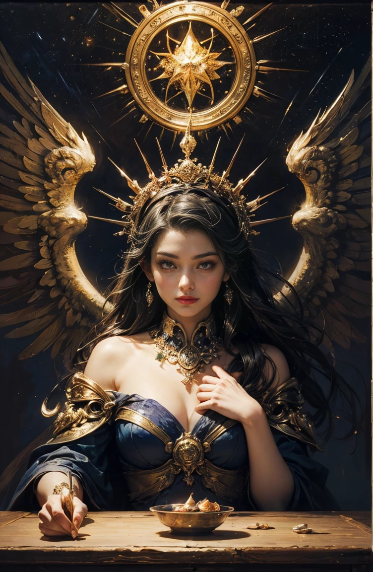 (Tabletop, Highest qualityの, (((((woman)))))、Highest quality, Official Art, (beautifully、beautiful:1.4), (Oil painting:1.4) ),（（male））  (lucifer), God of Japanese God Stories々々, fleeting beauty, A mysterious god illuminated by the starry sky, Winged Angel、god&#39;Grace, Calm and thoughtful expression, Flowing Heavenly Robe, Dazzling silver stars light up the night view, Dance of shadows and lights, Whispers of Ancient Legends、Very slender、