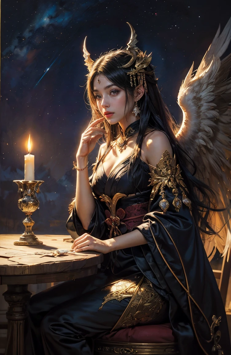 (Tabletop, Highest qualityの, (((((woman)))))、Highest quality, Official Art, (beautifully、beautiful:1.4), (Oil painting:1.4) ),((male)) (lucifer), God of Japanese God Stories々々, fleeting beauty, A mysterious god illuminated by the starry sky, Winged Angel、god'Grace, Calm and thoughtful expression, Flowing Heavenly Robe, Dazzling silver stars light up the night view, Dance of shadows and lights, Whispers of Ancient Legends、Very slender、