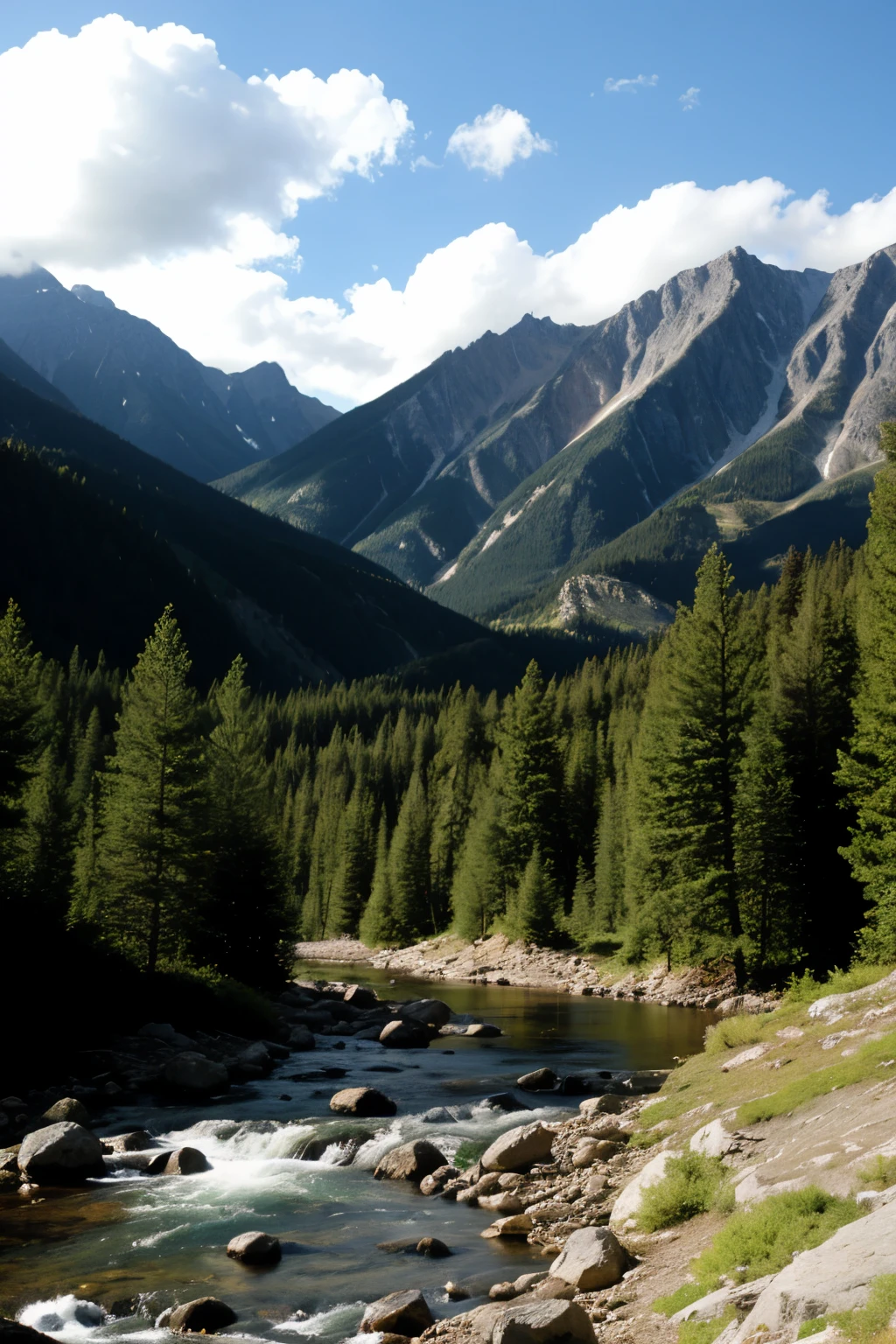 landscape with mountains, stream, Pine trees and clouds