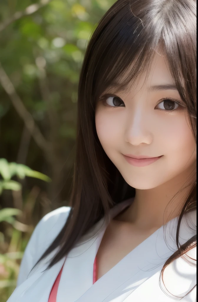 best quality, face focus, soft light, ultra high res, (photorealistic:1.4), RAW photo,(Shinozaki Ai), white skin, kawaii,
1 Japanese girl, solo, cute, (smile), (pupil, lights in the eyes), detailed beautiful face, Medium-sized breasts,(high resolution detail of human skin texture),(long hair),(portrait), upper body, white traditional kimono, in the forest,