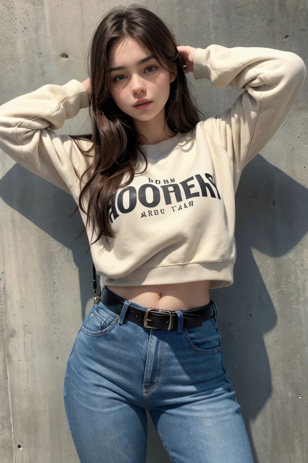 Beautiful 20-year-old brunette girl wearing a sweatshirt and high-waisted jeans and wearing a black belt with her hand on her head showing her navel