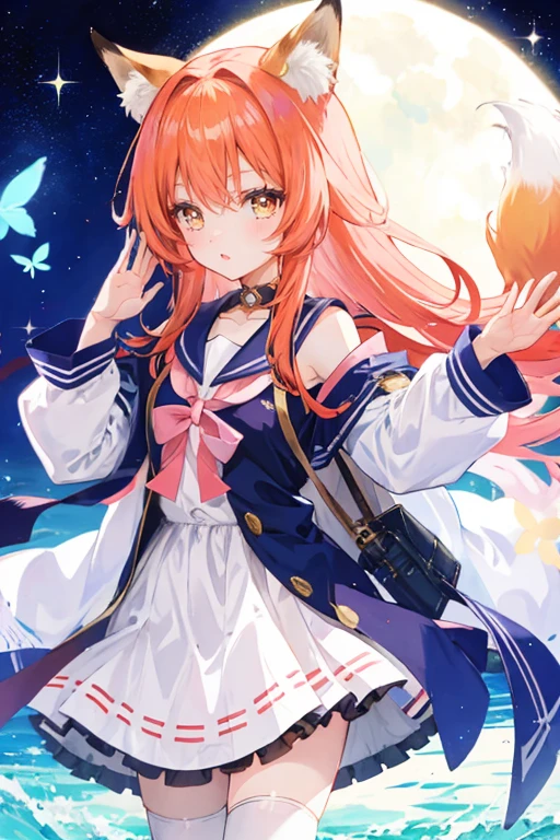 Fox Girl, Anime Girls, Kitten, goddess, Fox&#39;s Tail, I look at you excitedly, Vulgar body, Send Pose, Big Breasts, Fluffy tail with attention to detail, Long white hair, Bald Makeup, Fox Makeup, World of cinema, Dark Room, Erotic clothing, A choker with bells around the neck, Silver Hair, It took my breath away, fun