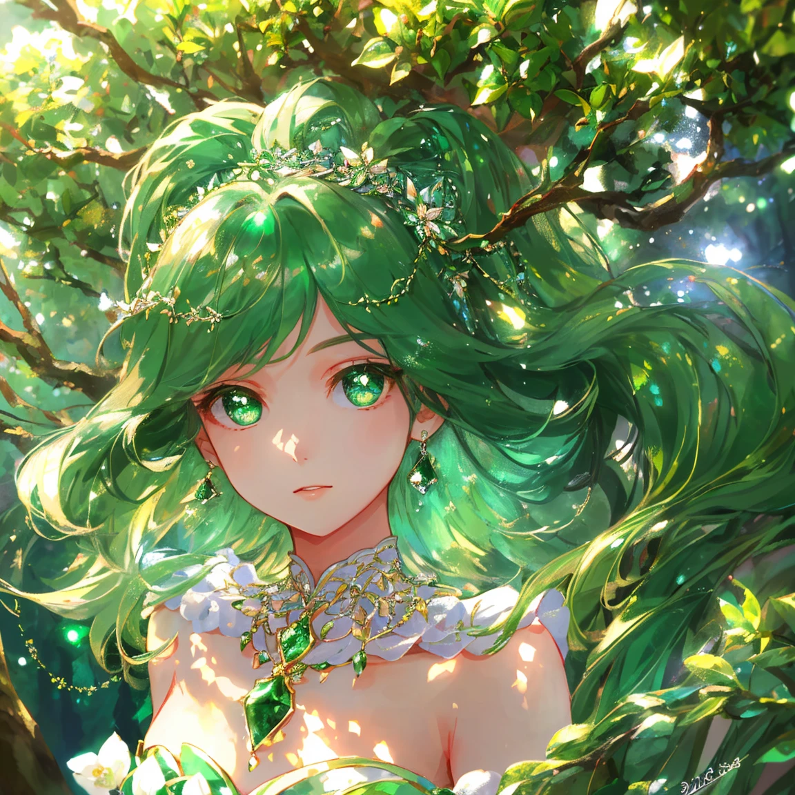 1 girl masterpiece, highest quality, shape, emerald eyes and hair, emerald earrings, emerald necklace, large tree, tree fairy, cute, (dynamic lighting:1.2), cinematic lighting, delicate features, fine eyes, sharp pupils, realistic student, written boundary depth, Bokeh, sharp focus, (very detailed, bloom, shine:1.4), lots of little gems