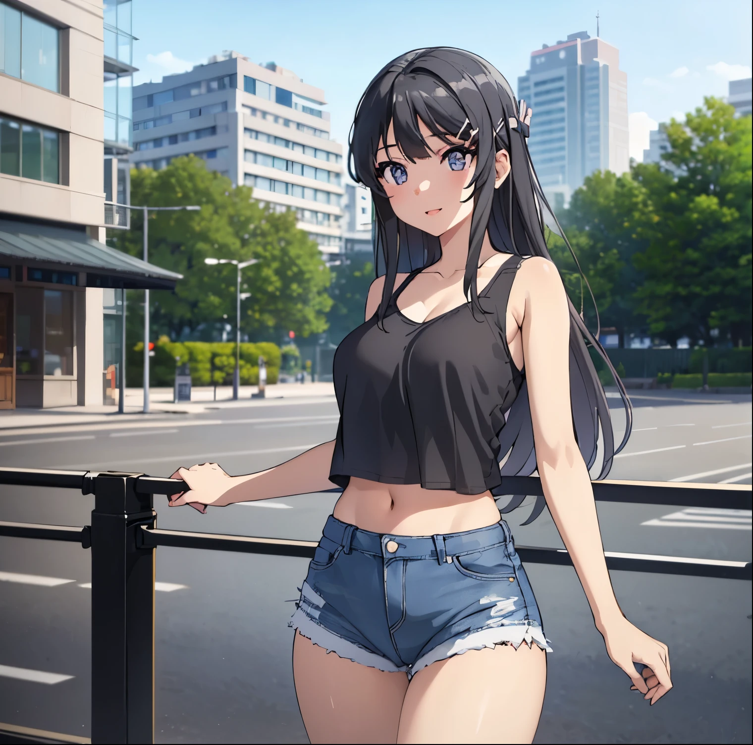 ((1girl)),((alone)),mai sakurajima,(masterpiece), (best quality), (ultra detailed), (best illustration), (best shadow), (absurdities), sharp focus, cowboy shot , dynamic posture looking at the viewer, big breasts, narrow waist, wide hips, wide thighs, round butt, erotic, romantic, (very detailed eyes, lips 1.1), very detailed eyes, eyes, Very detailed face, Very beautiful face, height full, beautiful slim figure, femininity, expressive appearance, elastic big breasts, sexuality, long black hair, bangs, hair barrette, blue eyes, hair barrette, hair ornaments, tank top, bare arms, shoulders uncovered, striped shirt, black and white horizontal stripes, denim shorts, short shorts, bare legs, black and white tennis shoes, defined body, perfect and beautiful body, perfect and beautiful, closed mouth, smile, happy smile, blushing , (sexy pose: 1.2), ((solo)), standing: 1.3, outdoor, streets, city, cityscape, new, moon, looking forward, ((focus on thighs)), point of view: (from middle), perfect anatomy, perfect hands