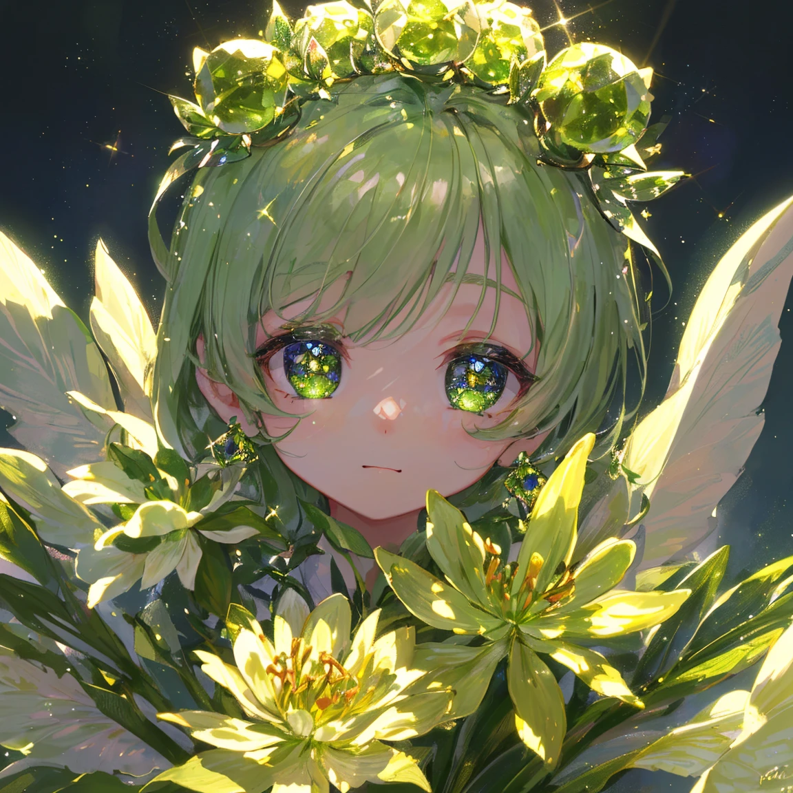 1 girl masterpiece, highest quality, shape, peridot eyes and hair, peridot earrings, peridot necklace, flowers, flower fairy, cute, (dynamic lighting:1.2), cinematic lighting, delicate features, fine eyes, sharp pupils, realistic student, written boundary depth, Bokeh, sharp focus, (very detailed, bloom, shine:1.4), lots of little gems