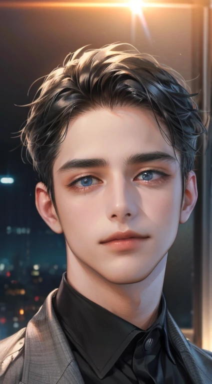 (best quality,4k,8k,highres,masterpiece:1.2),ultra-detailed,(realistic,photorealistic,photo-realistic:1.37),1 man,31 years old,mature man,very handsome,without expression,smile,short grey black hair,blue eyes,penetrating gaze,perfect face without errors,imposing posture,businessman,office background,cinematic lighting,hdr image