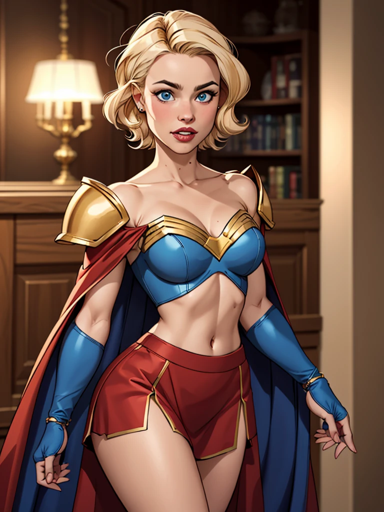 Hot blonde girl, with short hair, blue eyes, wearing an iron strapless, blue armor, with blue steel breasts with gold details, wearing a strappy skirt, thick thighs