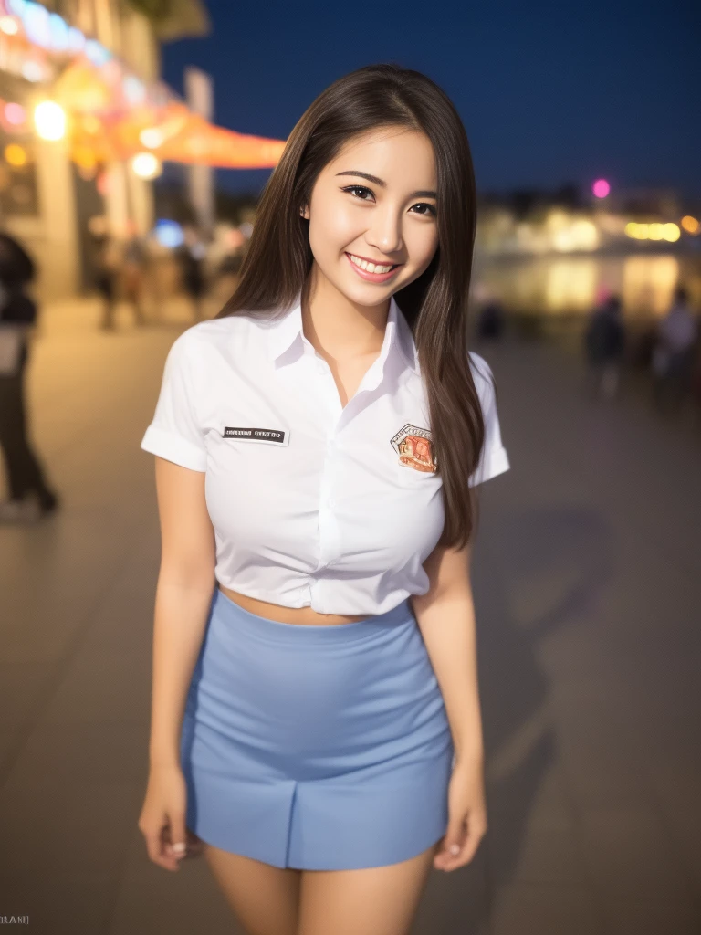 1girl, (uniform), standing, outdoors, night view, detailed Metropolitan city at the background, (Overhead view:1.35), (zoom out: 1.1), detailed face, cute little smile, detailed eyes, medium thick breasts, six pack abs, smooth realistic skin, semi-curvy body, white shirt, grey blue short skirt, looking at the audience, (8k, RAW photo, best quality, masterpiece: 1.2), (realistic, realistic: 1.37), ultra-high resolution