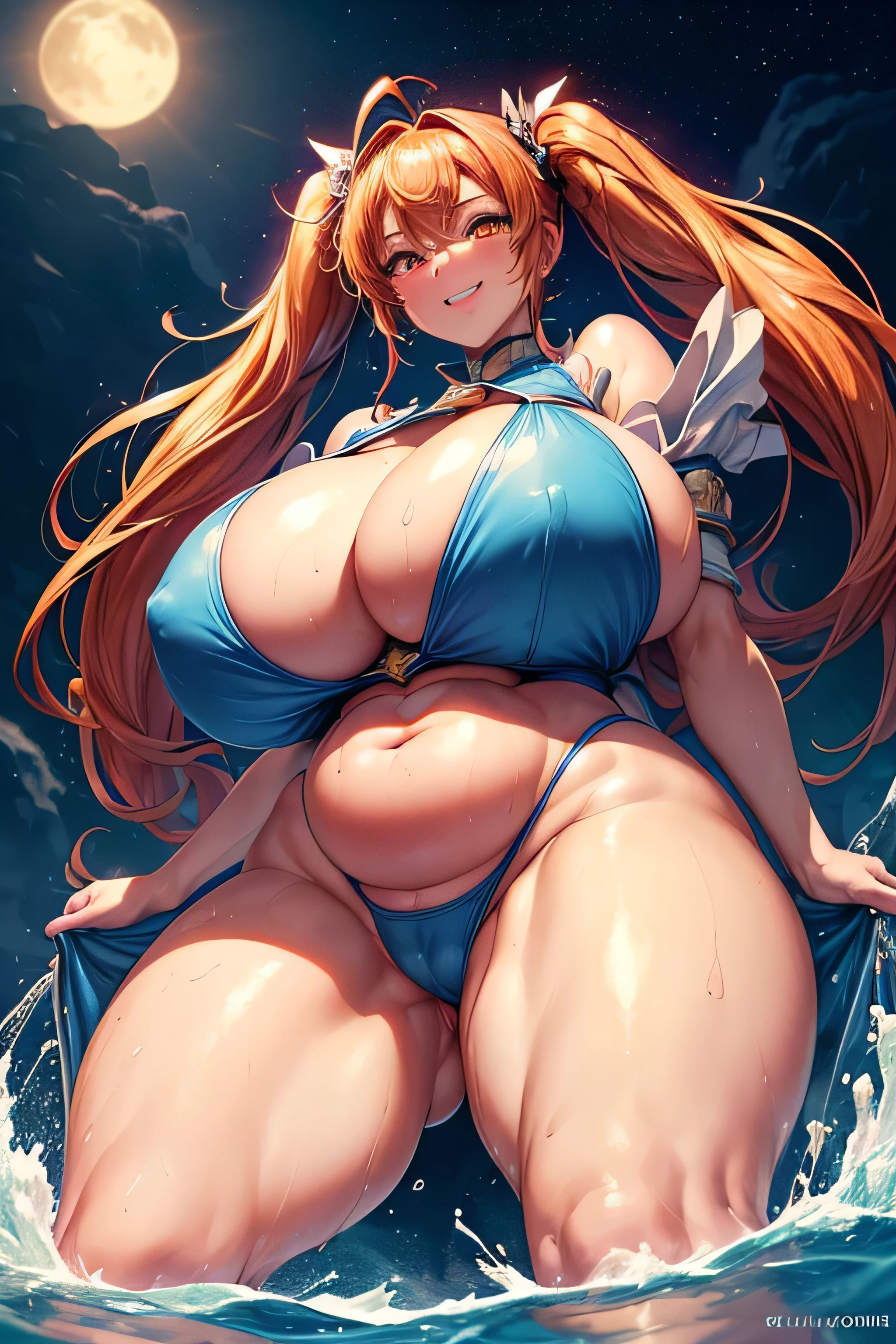 Ultra-detailed, 8k, Best image quality, Digital Illustration, Super Resolution、Sharp focus,((Enchanting anime girl, alone:1.3))、((Being in the night pool:1.2))、((Captivating smile:1.2))、((スリングショットwater着:1.2))、((High leg))、((Leg spread:1.3))、((Crotch close-up))、((From below:1.2))、Looking down at the viewer、orange hair,short hair,twintails,orange eyes, heart shaped pupils,Glowing Skin,((Huge breasts:1.3))、((Cleavage))、beautiful breasts,((Huge hips:1.4))、beautiful ass,((Thick thighs))、sweat,Wet, Smooth texture、Glossy and realistic skin texture、Glowing Skin,squatting,(open legs),Groin tattoo,glowing tattoo,orgasm, (Urge to urinate:1.1),(Urge to urinateメーター:1.1),(Urination Desire:1.1), (Urge to urinate:1.3), (Person urinating:1.6), (An urgent need to go to the toilet:1.2), (bladder full:1.3),(Pee:1.3),(Peeing),(shame), (water),