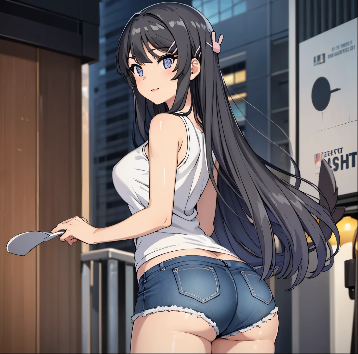 ((1girl)),((alone)),mai sakurajima,(masterpiece), (best quality), (ultra detailed), (best illustration), (best shadow), (absurdities), sharp focus, cowboy shot , dynamic posture looking at the viewer, big breasts, narrow waist, wide hips, wide thighs, round butt, erotic, romantic, (very detailed eyes, lips 1.1), very detailed eyes, eyes, Very detailed face, Very beautiful face, height full, beautiful slim figure, femininity, expressive appearance, elastic big breasts, sexuality, long black hair, bangs, hair barrette, blue eyes, hair barrette, hair ornaments, tank top, bare arms, shoulders uncovered, striped shirt, black and white horizontal stripes, denim shorts, short shorts, bare legs, black and white tennis shoes, defined body, perfect and beautiful body, perfect and beautiful, closed mouth, smile, happy smile, blushing , (sexy pose: 1.2), ((solo)), standing: 1.3, exterior, streets, city, cityscape, new, moon, looking back, from behind, ((focus on ass)), point of view :(from below), perfect anatomy, perfect hands