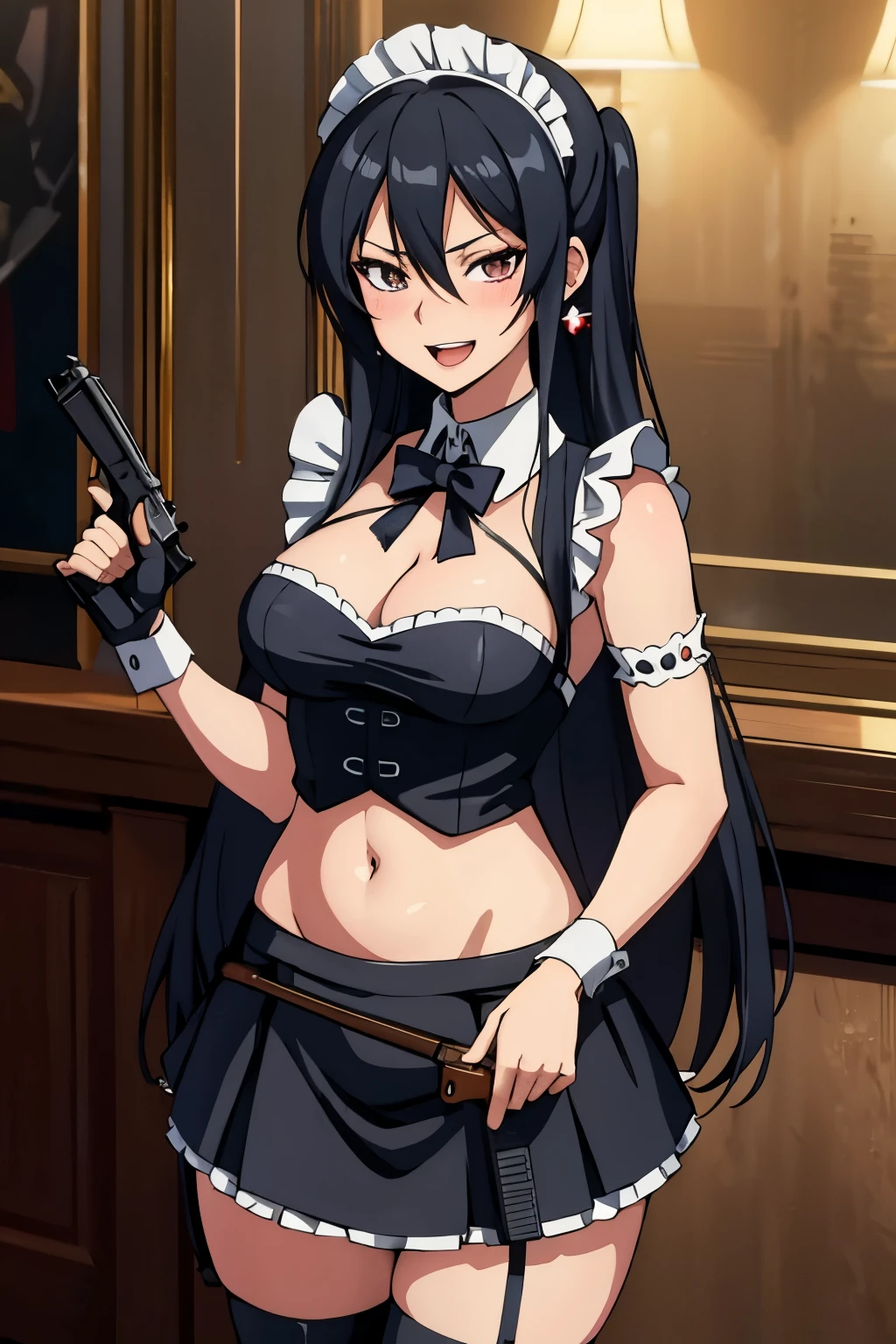 Pitohui_Elza, long hair, assault rifle, holding rifle, smirk, blush, lipstick,Hot girl, baddie, bad attitude, mean girl, crazy, smoking, sensual, attractive , jewelry, earrings, complex detailed background, casino environment, fancy interior environment, rich
interior, masterpiece, best quality, highly detailed, a anime girl in maid uniforms, holding pistol, maid
outfit, cleavage, evil smile, smile, open mouth ,ecchi anime style, anime girls, ecchi style, ecchi, digital
anime art!!, in anime style, official artwork, (nsfw) not safe for work, beautiful anime maid girl, anime
style 4 k, micro skirt, exposed belly, exposed navel, exposed midriff, exposed lower belly, holding a gun
