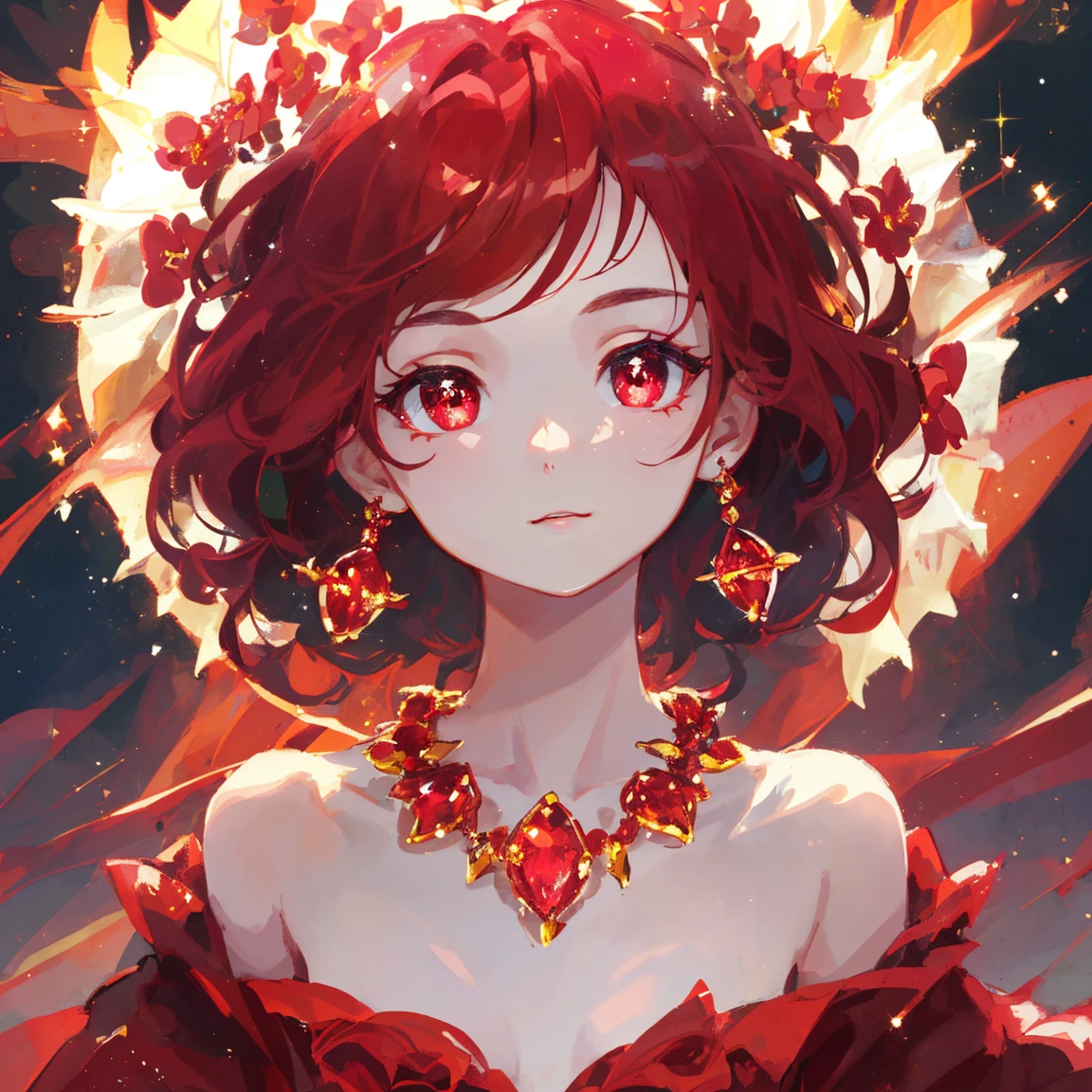 1 girl masterpiece, highest quality, shape, Ruby eyes and hair, Ruby earrings, Ruby necklace, flame, fire fairy, cute, (dynamic lighting:1.2), cinematic lighting, delicate features, fine eyes, sharp pupils, realistic student, written boundary depth, Bokeh, sharp focus, (very detailed, bloom, shine:1.4), lots of little gems