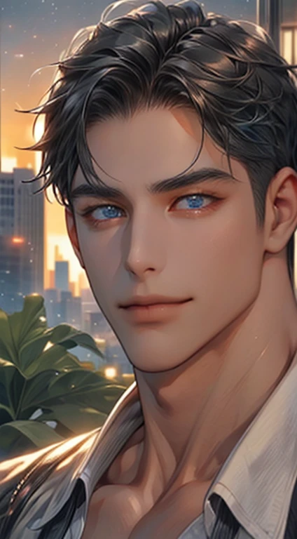 (best quality,4k,8k,highres,masterpiece:1.2),ultra-detailed,(realistic,photorealistic,photo-realistic:1.37),1 man,31 years old,mature man,very handsome,without expression,smile,short grey black hair,blue eyes,penetrating gaze,perfect face without errors,imposing posture,businessman,office background,cinematic lighting,hdr image