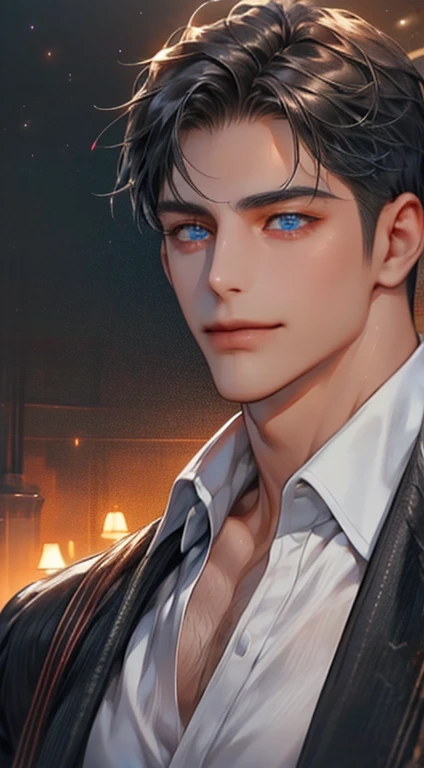 (best quality,4k,8k,highres,masterpiece:1.2),ultra-detailed,(realistic,photorealistic,photo-realistic:1.37),1 man,31 years old,mature man,very handsome,without expression,smile,short grey black hair,blue eyes,penetrating gaze,perfect face without errors,imposing posture,businessman,office background,cinematic lighting,hdr image