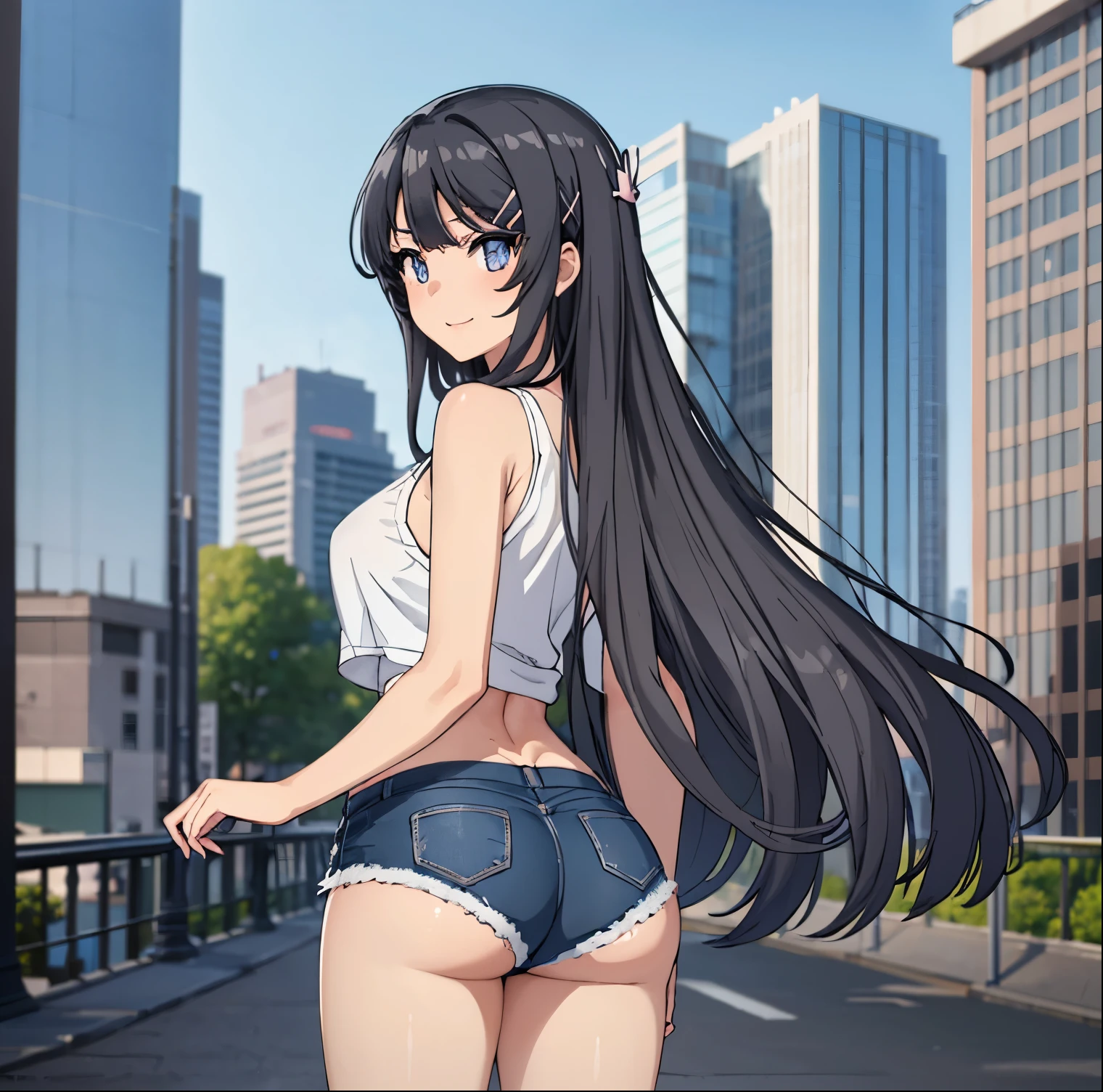 ((1girl)),((alone)),mai sakurajima,(masterpiece), (best quality), (ultra detailed), (best illustration), (best shadow), (absurdities), sharp focus, cowboy shot , dynamic posture looking at the viewer, big breasts, narrow waist, wide hips, wide thighs, round butt, erotic, romantic, (very detailed eyes, lips 1.1), very detailed eyes, eyes, Very detailed face, Very beautiful face, height full, beautiful slim figure, femininity, expressive appearance, elastic big breasts, sexuality, long black hair, bangs, hair barrette, blue eyes, hair barrette, hair ornaments, tank top, bare arms, shoulders uncovered, striped shirt, black and white horizontal stripes, denim shorts, short shorts, bare legs, black and white tennis shoes, defined body, perfect and beautiful body, perfect and beautiful, closed mouth, smile, happy smile, blushing , (sexy pose: 1.2), ((solo)), standing: 1.3, exterior, streets, city, cityscape, new, moon, looking back, from behind, ((focus on ass)), point of view :(from below), perfect anatomy, perfect hands