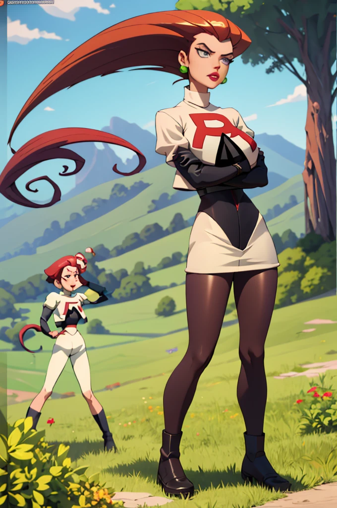 masterpiece, best quality), 1girl, jessie, team rocket, brown pantyhose, boots, sun shiny day