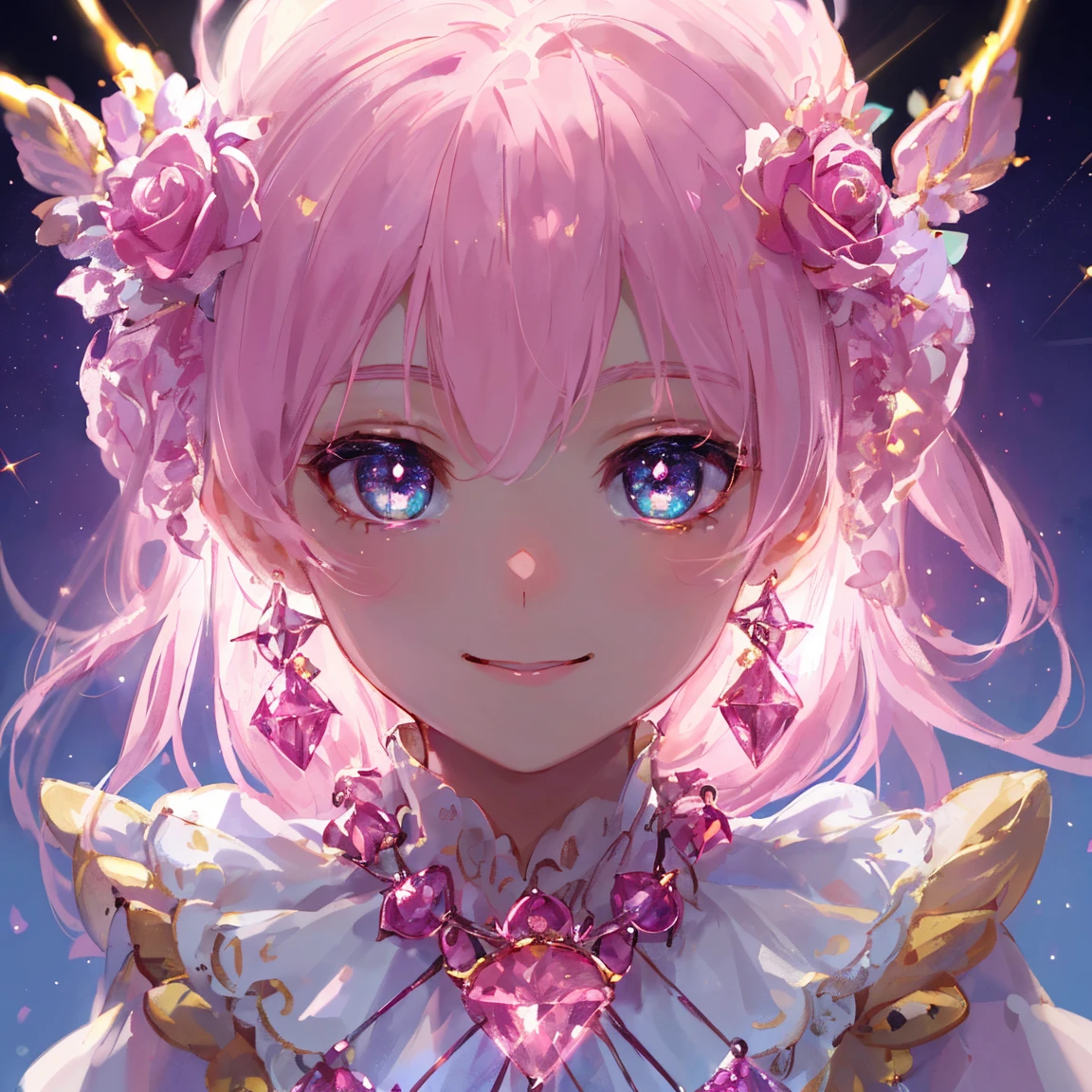 1 girl masterpiece, highest quality, shape,beautiful smile, Rose Quartz eyes and hair, pink Quartz earrings, Rose Quartz necklace, lamp, candle,fire fairy, cute, (dynamic lighting:1.2), cinematic lighting, delicate features, fine eyes, sharp pupils, realistic student, written boundary depth, Bokeh, sharp focus, (very detailed, bloom, shine:1.4), lots of little gems
