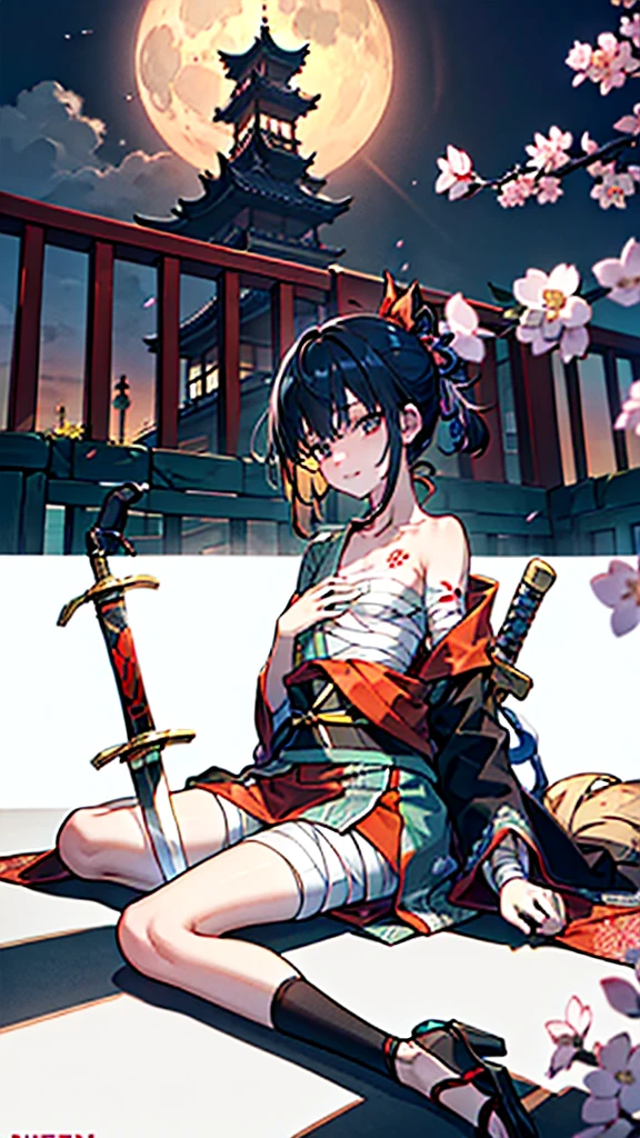 (((((roll up bandage sideways on a chest tightly to cover the chest without gaps))))), (((bandage samweways))), the bantage is no chest shape, flat chest, ((Japanese Gangster BOSS)), adult woman with the dignified presence, Killing Qi, wear nothing around shoulder, wear nothing around neck, wear the kimono, wear it below the waist, (I wind it up to control it, and to attach it), ((kimono come off)) ,wear the kimono multiple times, Bare shoulders and the clavicle, black and gold kimono, put on over jacket of kimono, (holding a japanese sword which shine in purple, The handole of the sword is black, and the blade is gray, long sword), eye fire, low angle, whole body, bandage is seen, anime character, Glaring, off sholder, nappropriate smile, Excellent, black blue hair, can see both shoulder, ((long kimono hem)), small face, ((some cherry blossam big tattoo on the arm)),((Sit with your legs folded)), ((background Japanese gate with circlr mark)),muscular,drink sake,fullmoon in the sky, The kimono is spreading,(((ultra-detailed))),super beautiful,Masterpiece,Killing Qi,Intimidation,zoom up