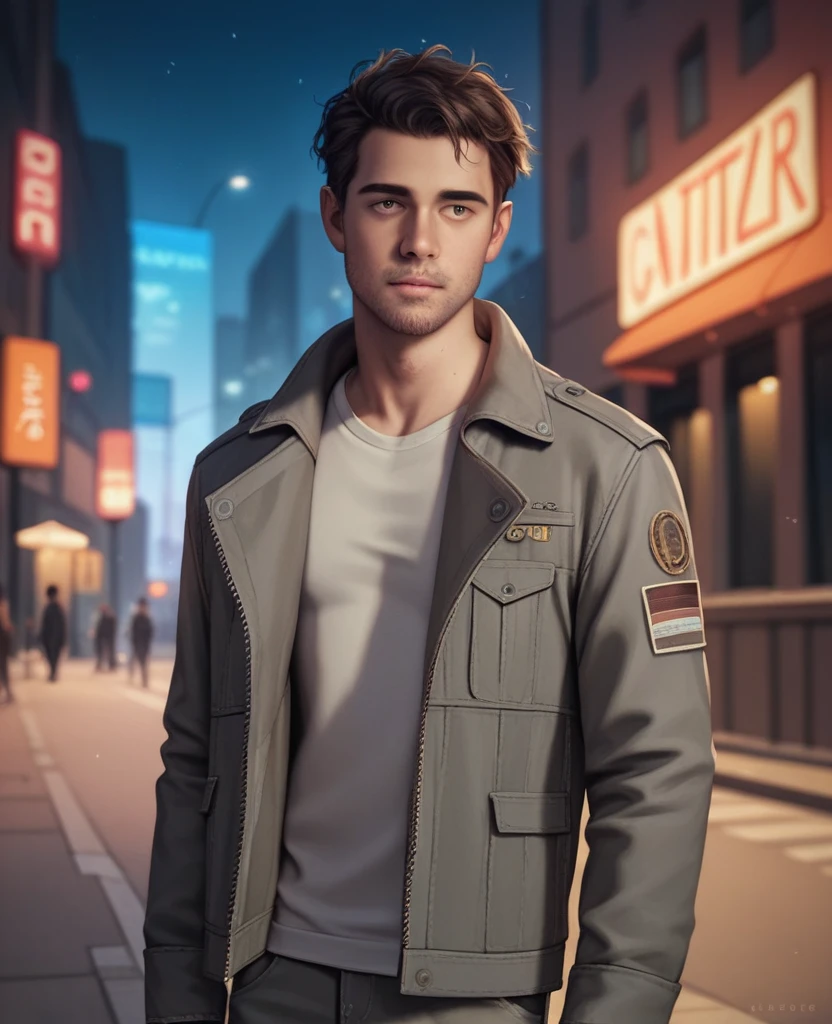 masterpiece, best quality, realistic, 1man, quiet young man, 21 years old, background: city at night, ((Dressed in grey military jacket)), shoulder length hair, dark brown hair, skinny, depressed look, full stubble facial hair, medium hair, unkempt appearence, messy hair, masculine features, toned but thin, stubble facial hair, looking worn down, caucasion, white boy