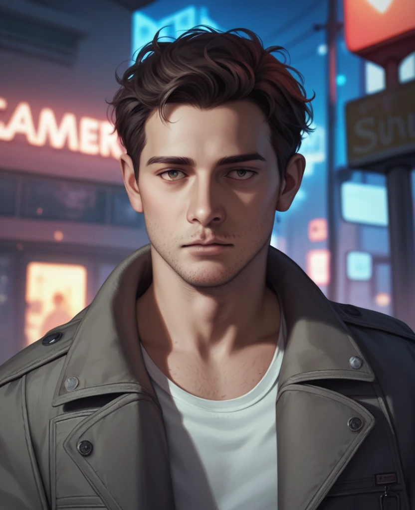 masterpiece, best quality, realistic, 1man, quiet young man, 21 years old, background: city at night, ((Dressed in grey military jacket)), shoulder length hair, dark brown hair, skinny, depressed look, full stubble facial hair, medium hair, unkempt appearence, messy hair, masculine features, toned but thin, stubble facial hair, looking worn down, caucasion, white boy
