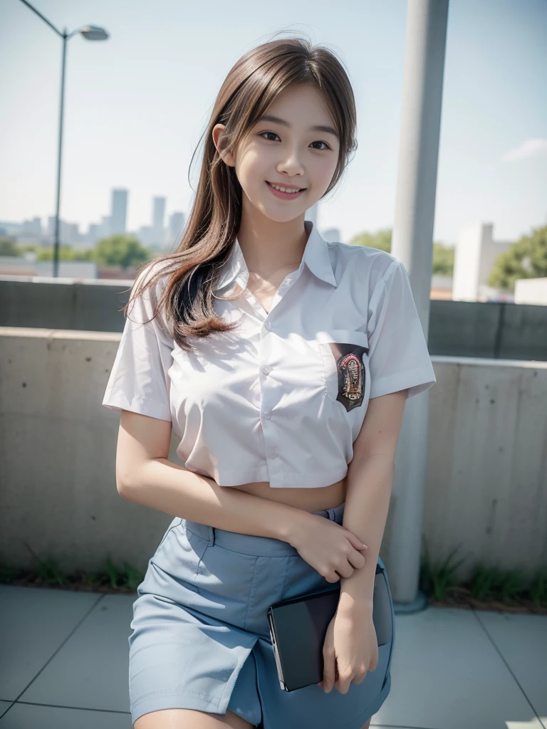 1girl, solo, 19 years old, (uniform), detailed Metropolitan city at the background, portrait, thick breasts, semi-curvy body, Sixpack abs, smooth realistic skin, cute smile, tight white shirt, grey blue short skirt, looking at the audience, high angle shot,(8k, RAW photo, best quality, masterpiece: 1.3), (realistic, realistic: 1.37), ultra-high resolution, cowboy shot