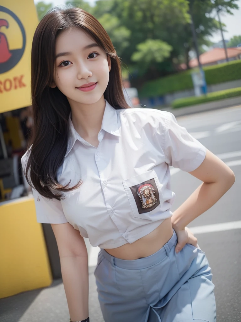 1girl, solo, 19 years old, (uniform), detailed Metropolitan city at the background, portrait, thick breasts, semi-curvy body, Sixpack abs, smooth realistic skin, cute smile, tight white shirt, grey blue short skirt, looking at the audience, high angle shot,(8k, RAW photo, best quality, masterpiece: 1.3), (realistic, realistic: 1.37), ultra-high resolution, cowboy shot