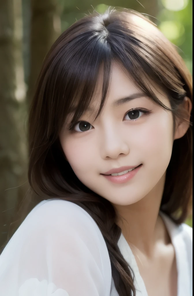 best quality, face focus, soft light, ultra high res, (photorealistic:1.4), RAW photo,(Shinozaki Ai), white skin, kawaii,
1 Japanese girl, solo, cute, (smile), (pupil, lights in the eyes), detailed beautiful face, Medium-sized breasts,(high resolution detail of human skin texture),(long hair),(portrait), upper body, white traditional kimono, in the forest,