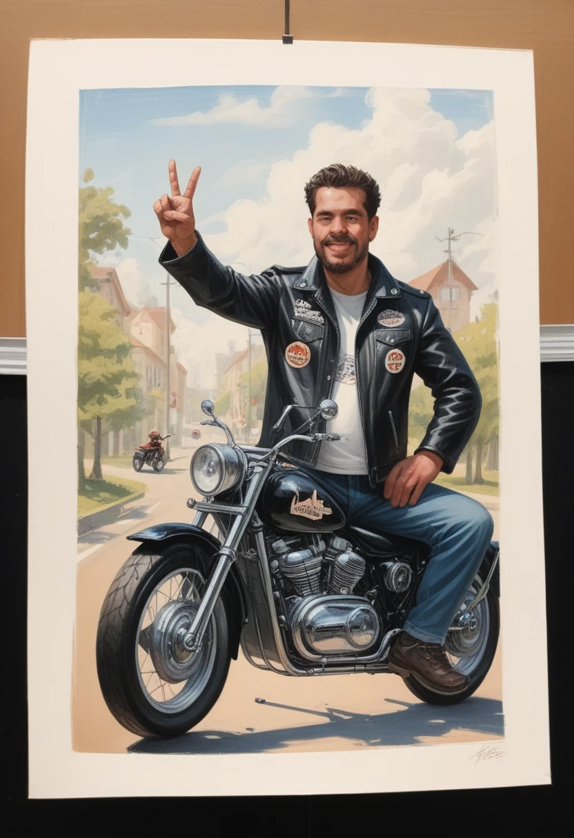 a cartoon drawing of a man riding a motorcycle with a peace sign, caricature illustration, caricature style, caricature!!!, biker, in cartoon style, cartoon portrait, picture of a male biker, caricature, cartoon style illustration, hog rider, motorbiker, cartoon digital art, cartoon digital painting, cartoon artstyle, cartoon art, caricaturist, caricatural