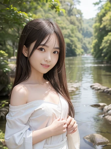 Japanese female, (underweight), (flat chest best quality:1.5), (cheerful grin:1.2),
(lake), walking, long hair, (white dress, off shoulder top), Japanese, promenade in a flower garden, in the forest, hazy atmosphere, from front, high angle shot, sunrise