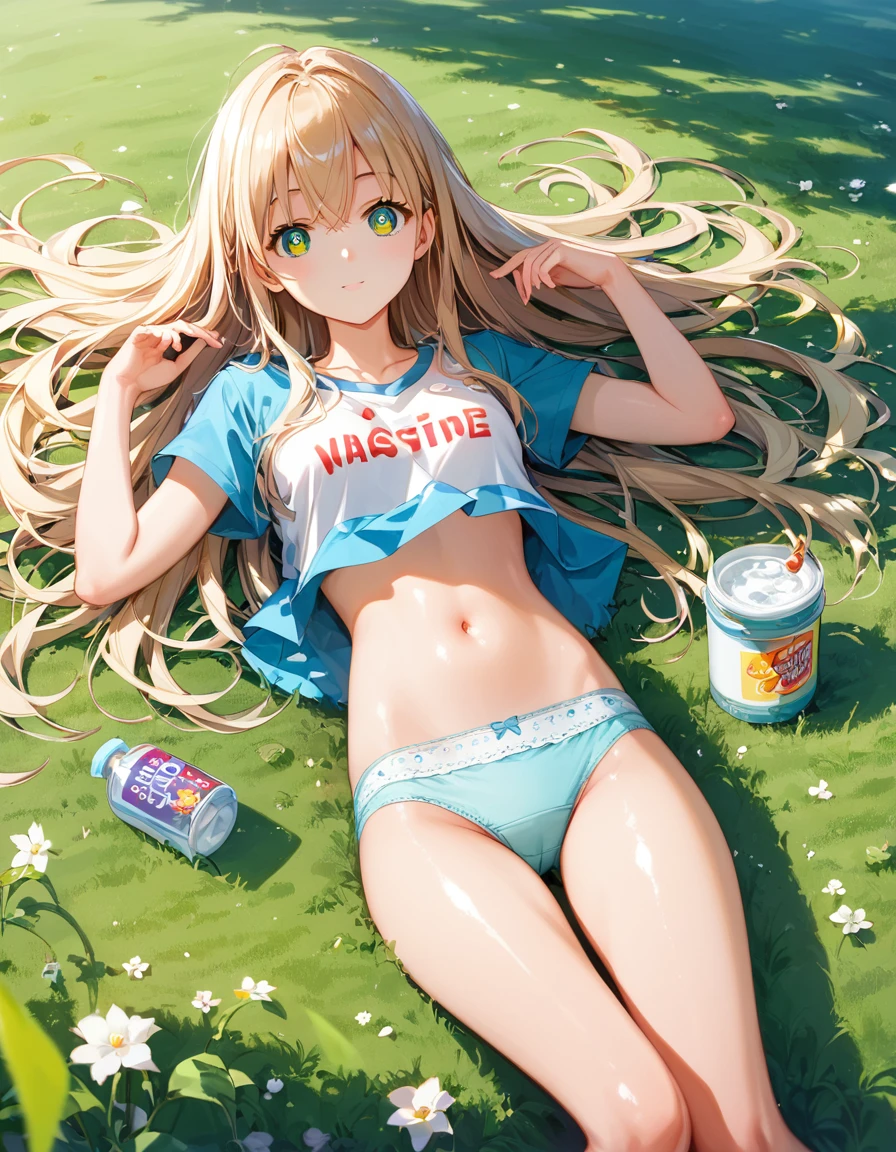 score_9, score_8_Excellent, score_7_Excellent,sauce_anime, High-resolution images,masterpiece,Highest quality,girl,Cute Face,Beautiful Skin,Shiny Hair,Highly detailed eyes,Simple Background, Jojiban, panties、、Baby Face、ter、Floating grass、sweets