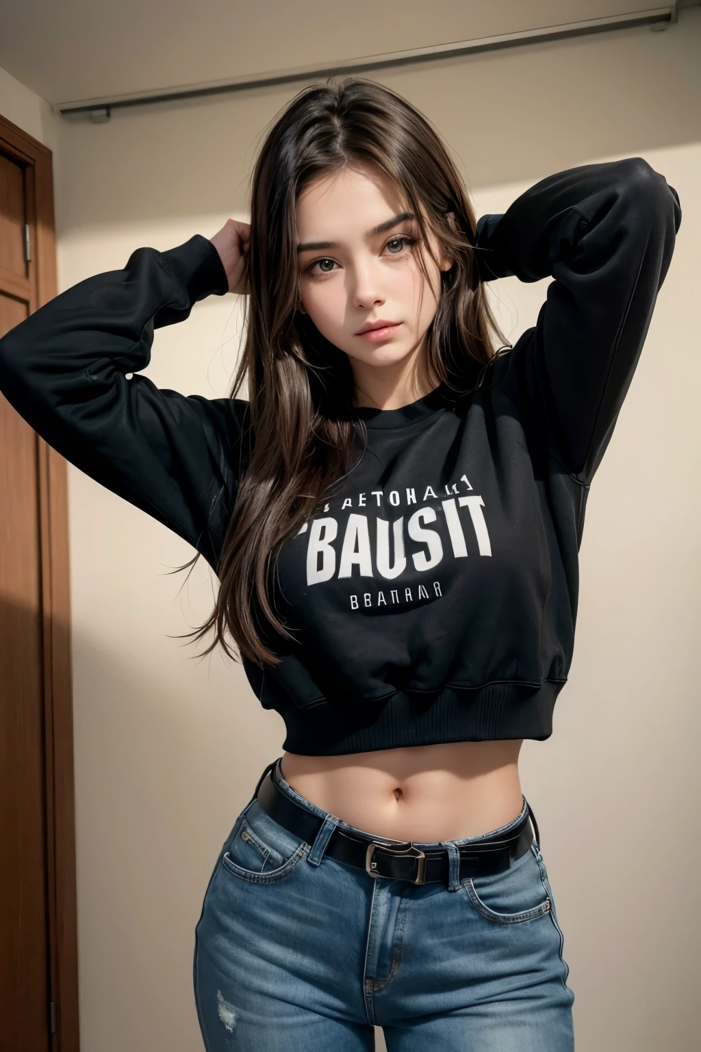 Beautiful 20-year-old brunette girl wearing a sweatshirt and high-waisted jeans and wearing a black belt with her hand on her head showing her navel