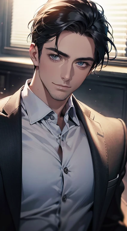 (best quality,4k,8k,highres,masterpiece:1.2),ultra-detailed,(realistic,photorealistic,photo-realistic:1.37),1 man,31 years old,mature man,very handsome,without expression,smile,short grey black hair,blue eyes,penetrating gaze,perfect face without errors,imposing posture,businessman,office background,cinematic lighting,hdr image