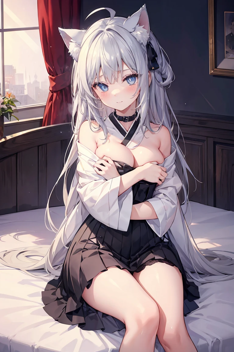Gray Hair, cat collar black, Star-shaped pupil, 美しいAttention to detail目, blue eyes, Jewel-like eyes, , belly button, Japan Girls Room, Girl on bed, first field view, Ahoge, Hair that falls over the shoulders, Very long hair, very thick hair,Hug your feet, Beautifully detailed jewel leather color, Animal ears, smile, Embarrassing, blush, tear up, Attention to detail, anime, Romanticism, Shine, silhouette, Depth of written boundary, 超High resolution, retina, masterpiece, Accurate, Anatomically correct, Textured skin, Super Detail, Attention to details, Awards, 最high quality, High resolution, high quality, 16K