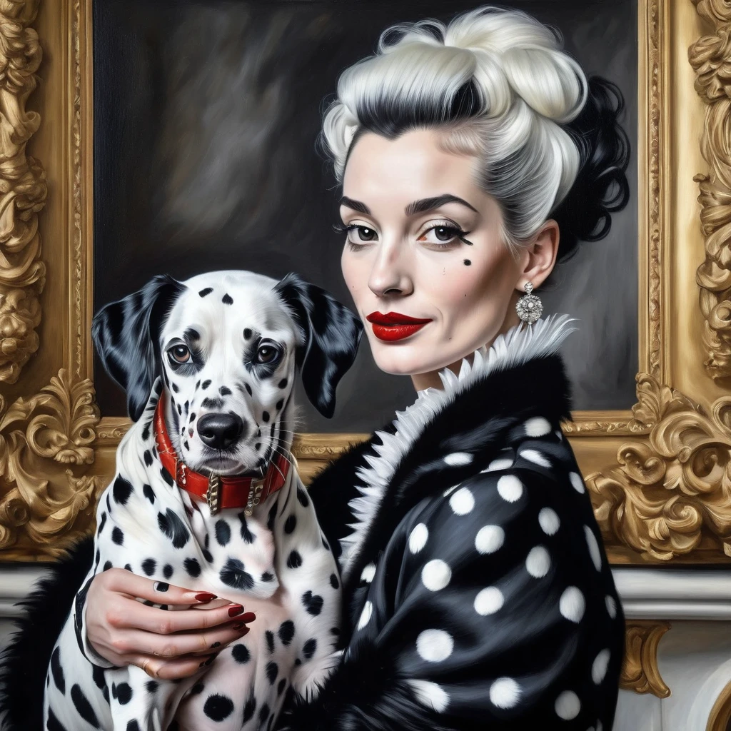 work of art, best quality, extremely detailed, hyperrealistic, photorealistic, oil painting, baroque art, in the Rubens style, a beautiful model Cruella caleno half black and white, with a black spotted coat of Britanica dalmatians from the 1920s