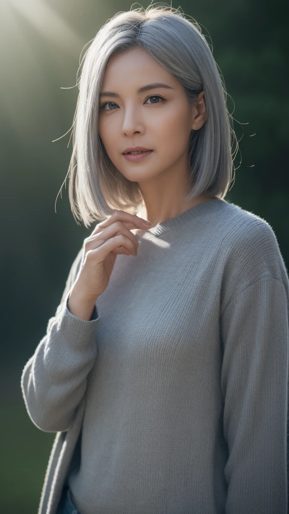 ((Realistic lighting,Cinematic lighting effects, best qualtiy, 8k, tmasterpiece:1.3)), ((50-year-old woman,8-pack abs)),sharp focus:1.2, , Perfect figure,looks into camera,The face is delicate,((Gray hair)),(Leaky belly long-sleeved casual clothes),big laughter,the night,playground,Ultra-fine face,Fine eyes,double eyelid