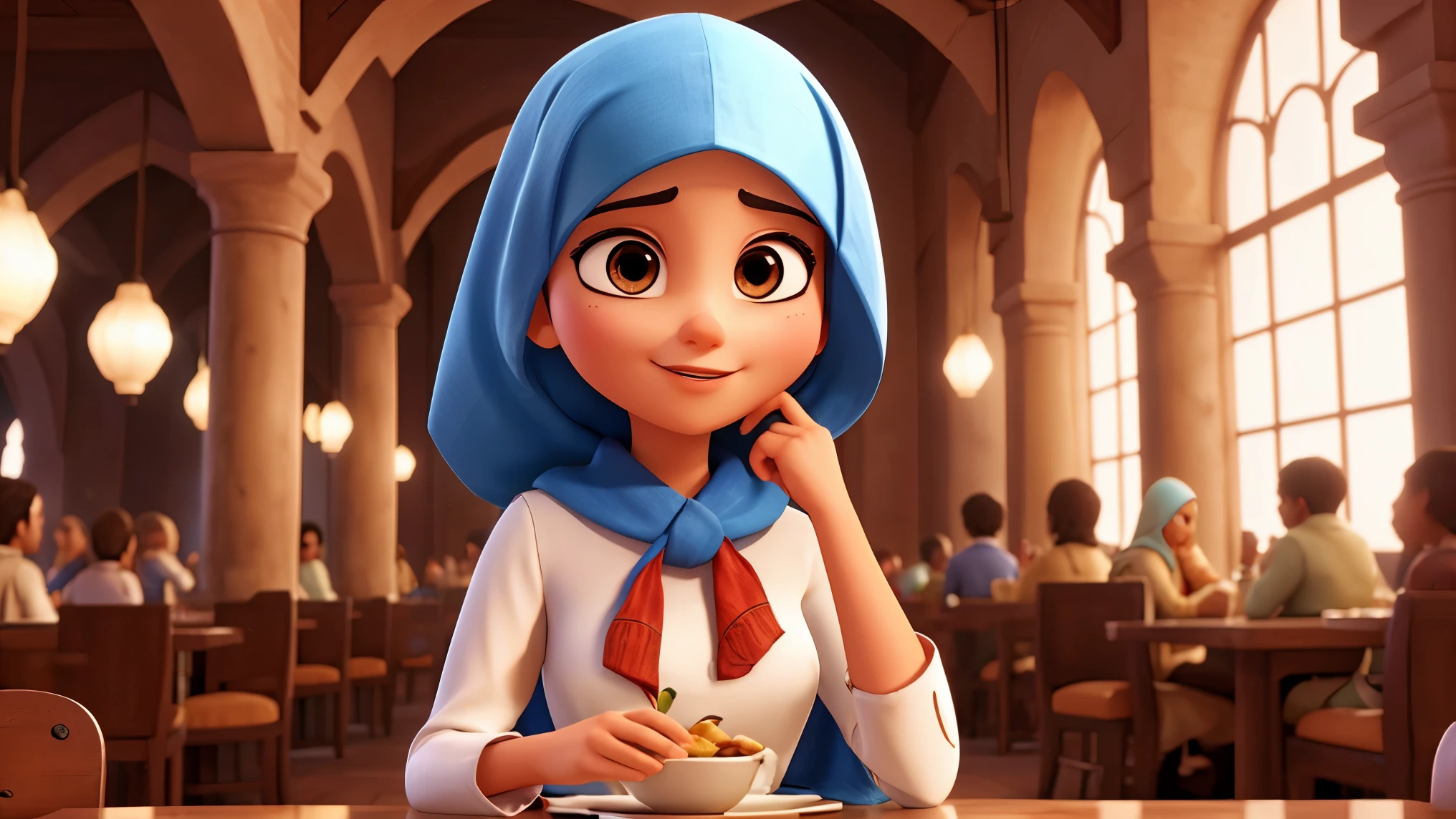 in the restaurant, arabe woman covered head, 3D pixar