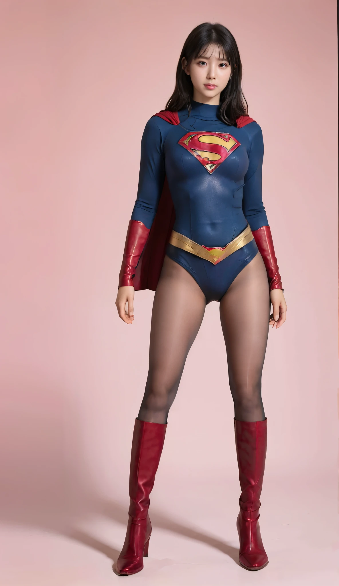 No background、(((Beautiful legs in black tights.)))、(((Legally express the beauty of your smile)))、((((Make the most of your original images)))、(((Supergirl Costume)))、(((Beautiful very short hair)))、(((suffering)))、(((Please wear black tights....、Wear red boots)))、((Best image quality、8k))、((Highest quality、8k、masterpiece:1.3))、(((Preserve background )))、Sharp focus:1.2、Beautiful woman with perfect figure:1.4、Slim Abs:1.2、Wet body:1.5、Highly detailed face and skin texture、8k