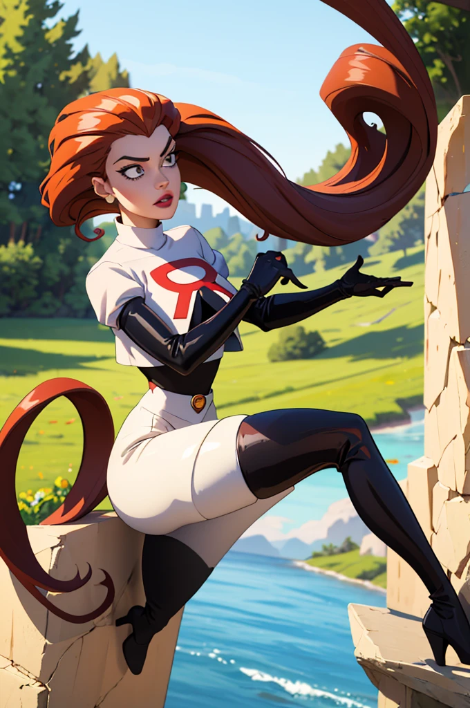 masterpiece, best quality), 1girl,   jessie, team rocket, brown pantyhose,  boots,  sun shiny day 