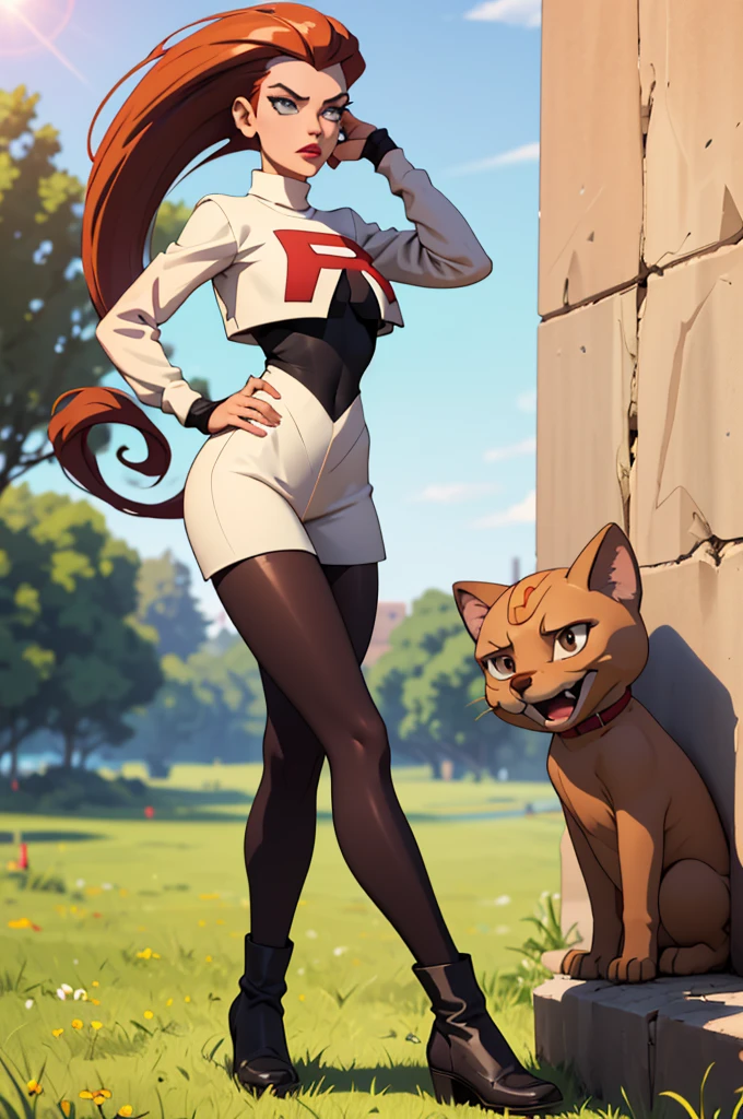 masterpiece, best quality), 1girl,   jessie, team rocket, brown pantyhose,  boots,  sun shiny day 