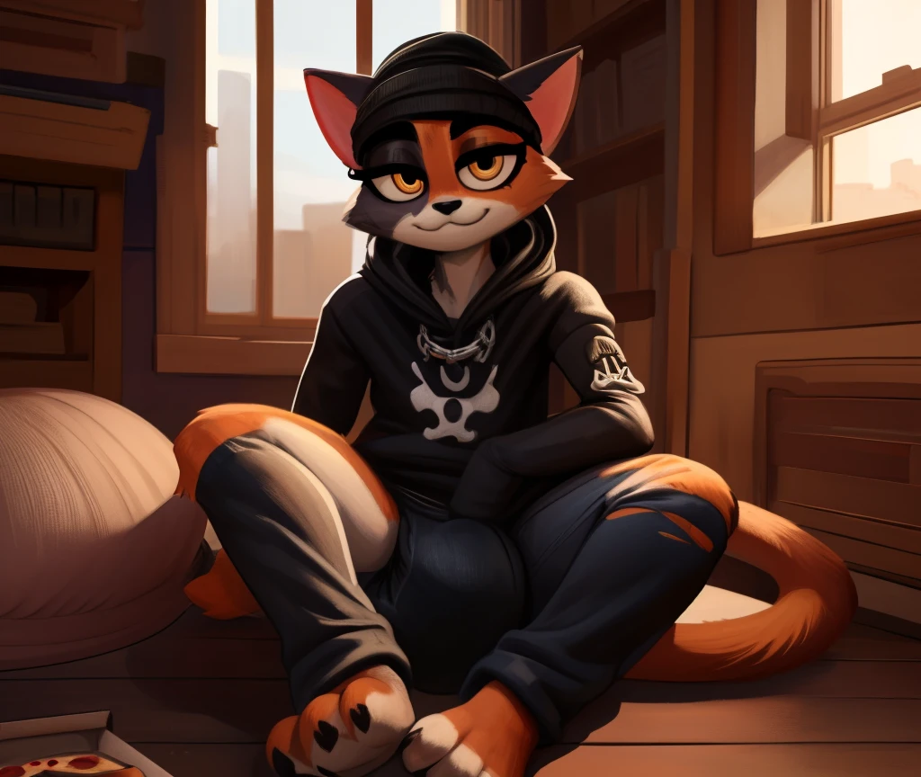 [meow skulls], [Uploaded to e621.net; (Pixelsketcher), (wamudraws)], ((masterpiece)), ((HD)), ((high res)), ((solo portrait)), ((front view)), ((feet visible)), ((furry; anthro)), ((detailed fur)), ((detailed shading)), ((beautiful render art)), {anthro cat; (black and orange fur), (two toned fur), (black nose), (droopy cat ears), (cute yellow eyes), (short eyelashes), (long cat tail), (sharp black claws), (big curvy hips), (beautiful legs), (beautiful feet), (smug smirk), (relaxed expression)}, {(black hoodie), (black and white striped long sleeves), (torn sleeves), (chain fish bone necklace), (big messy diaper), (black and white high thigh), (black skirt), (black beanie)}, {(sitting on beanbag), (hands in pockets), (looking at viewer)}, {(eating pizza), (pizza box on floor) (pizza laying on top of her diaper)}, [background; (bedroom), (window), (blue sky), (sun rays), (ambient lighting)]
