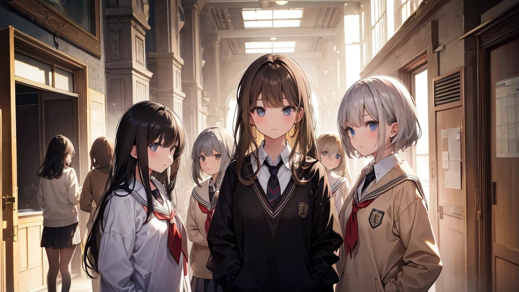five girls, school, class, (black hair), blond, (((light brown))), standing, silver, short, long, face