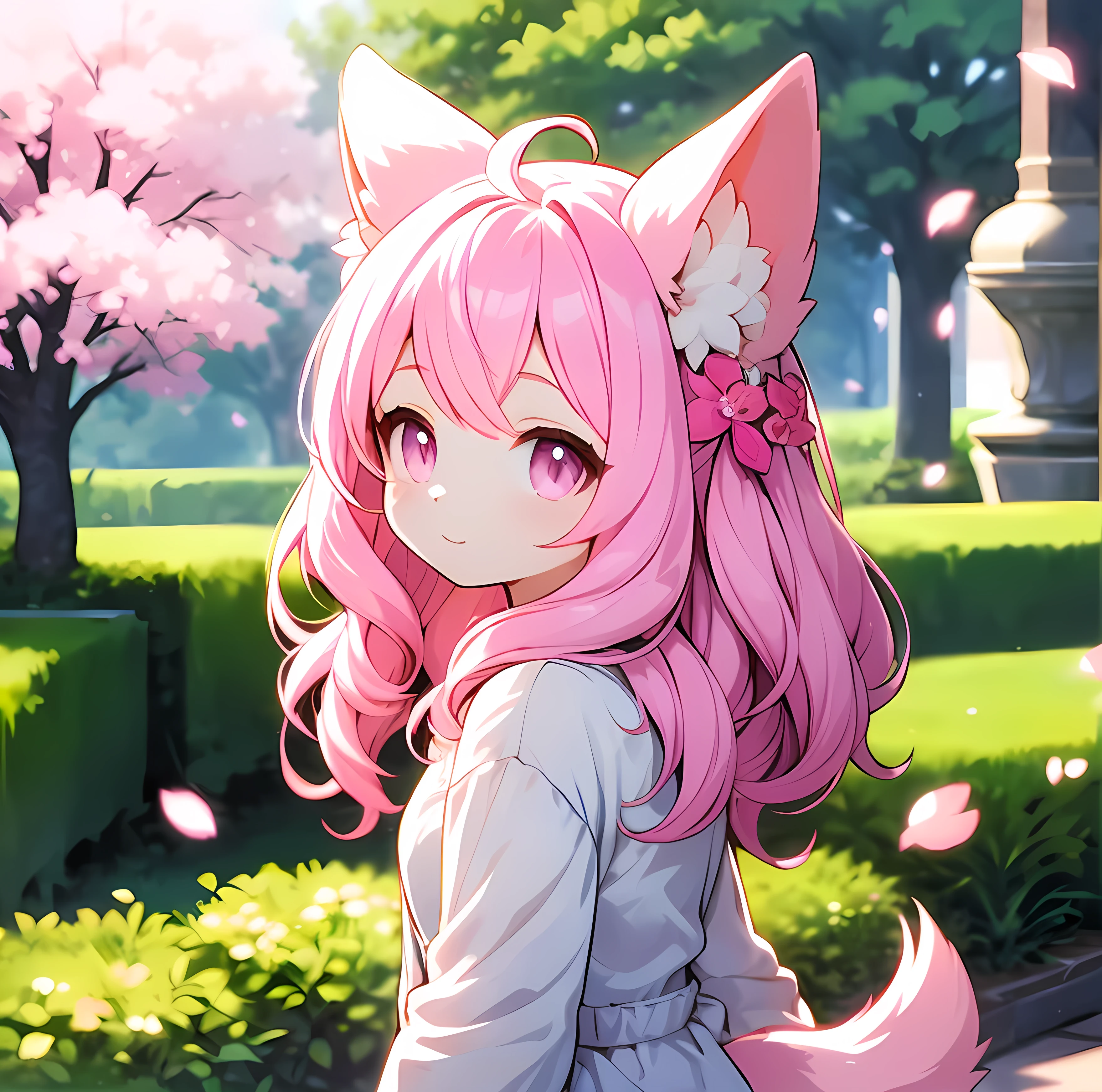 1 child, Power flores pink, hair pink, Cherry blossom hair style, feminine clothing and pink fluffy ears and tails and in the background, a garden of petals She has super powers of nature around her and one aura pink
