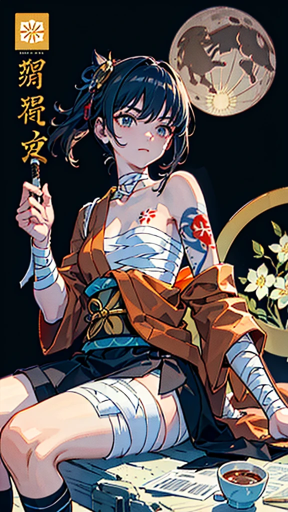 (((((roll up bandage sideways on a chest tightly to cover the chest without gaps))))), (((bandage samweways))), the bantage is no chest shape, flat chest, ((Japanese Gangster BOSS)), adult woman with the dignified presence, Killing Qi, wear nothing around shoulder, wear nothing around neck, wear the kimono, wear it below the waist, (I wind it up to control it, and to attach it), ((kimono come off)) ,wear the kimono multiple times, Bare shoulders and the clavicle, black and gold kimono, put on over jacket of kimono, (holding a japanese sword which shine in purple, The handole of the sword is black, and the blade is gray, long sword), eye fire, low angle, whole body, bandage is seen, anime character, Glaring, off sholder, nappropriate smile, Excellent, black blue hair, can see both shoulder, ((long kimono hem)), small face, ((some cherry blossam big tattoo on the arm)),((Sit with your legs folded)), ((background Japanese gate with circlr mark)),muscular,drink sake,fullmoon in the sky, The kimono is spreading,(((ultra-detailed))),super beautiful,Masterpiece,Killing Qi,Intimidation,zoom up