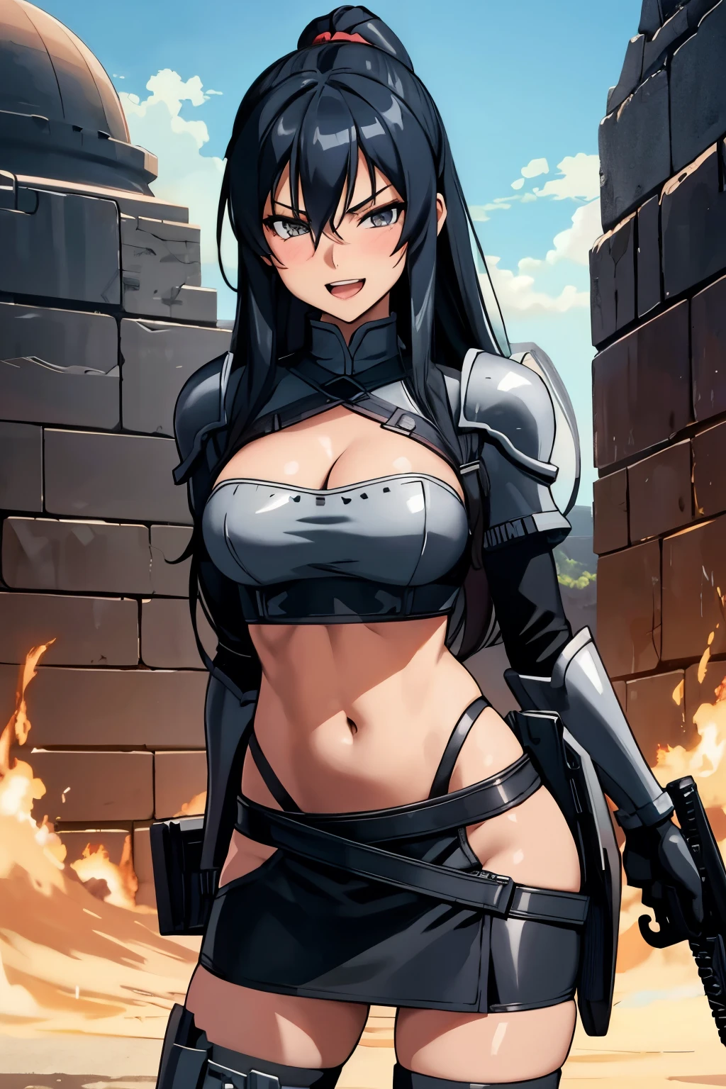 Pitohui_Elza, long hair, assault rifle, holding rifle, smirk, blush, lipstick,Hot girl, baddie, bad attitude, mean girl, crazy, smoking, sensual, attractive , masterpiece, best quality, highly detailed, fantasy , a anime girls in armored dress holding a sword
posing for a picture, evil smile, smile, open mouth, breastplate with open cleavage, cleavage, warrior
outfit, ecchi anime style, anime girls, ecchi style, (nsfw) not safe for work, ecchi, digital anime art!!, in
anime style, official artwork, visual novel cg, beautiful anime girl, anime style 4 k , loincloth, exposed
belly, exposed navel, exposed midriff, exposed lower belly, pencil skirt armored, castle,inside castle