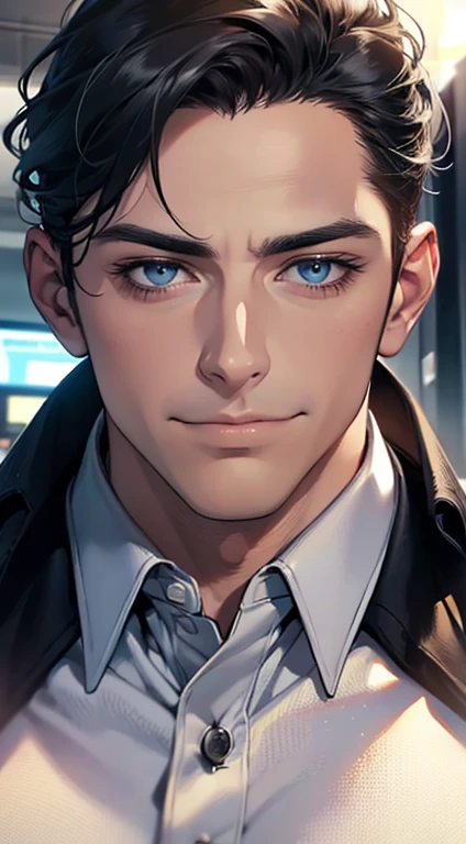 (best quality,4k,8k,highres,masterpiece:1.2),ultra-detailed,(realistic,photorealistic,photo-realistic:1.37),1 man,31 years old,mature man,very handsome,without expression,smile,short grey black hair,blue eyes,penetrating gaze,perfect face without errors,imposing posture,businessman,office background,cinematic lighting,hdr image