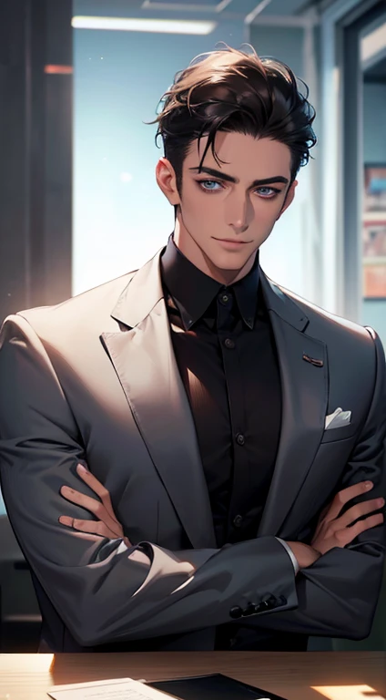 (best quality,4k,8k,highres,masterpiece:1.2),ultra-detailed,(realistic,photorealistic,photo-realistic:1.37),1 man,31 years old,mature man,very handsome,without expression,smile,short grey black hair,blue eyes,penetrating gaze,perfect face without errors,imposing posture,businessman,office background,cinematic lighting,hdr image