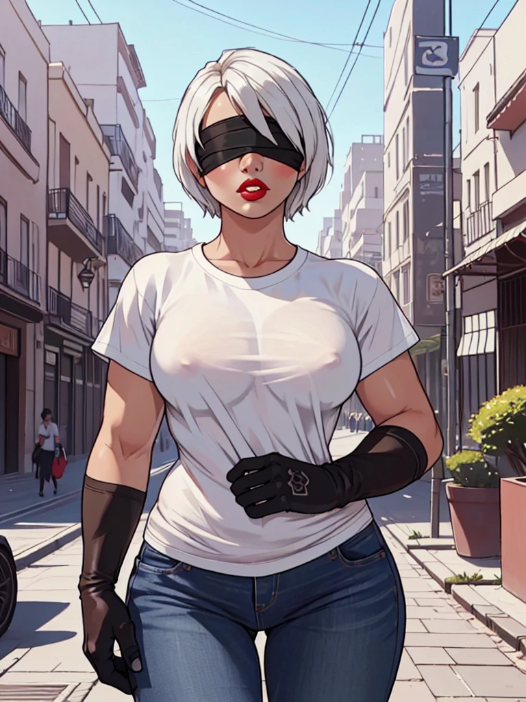 (((front view))). (((perfect anatomy, anatomically correct, super detailed skin))), 2B from Nier Automata. short hair, ((solo)), (((blindfold))), ((hourglass body,)), (alone). ((solo:1.5)),  ((city of Buenos Aires as background))), Obelisk in the background, big red lips, white hair, 1 girl, ((white tshirt:1.5)), [[[(((big hips)))]]]], gloves, , BREAK, (wearing jeans), hourglass body,, shiny skin, watching the viewer, beautiful hair, beautiful face, beautiful detailed eyes, blue eyes, babyface, , beautiful body,standing, (beautiful scenery), 8k, top quality, masterpiece​:1.2, extremely detailed), beautiful illustration, natural lighting, ,(high detailed skin:1.2)  