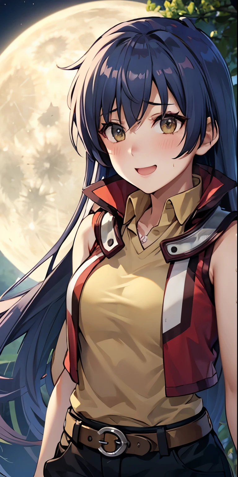 1 Female,High definition,high resolution,Ultra-realistic,8K, 8K, hmrei, long hair, red jacket, collared shirt, yellow shirt, sleeveless, belt, black shorts,European,sexy,Upper body close-up,Photographed from the front,Dynamic Angles,(blush), big tits , happy, wink the eye,facial, sweat,multicolored hair , outdoors, moonlight, night ,leaf , windy,tree background