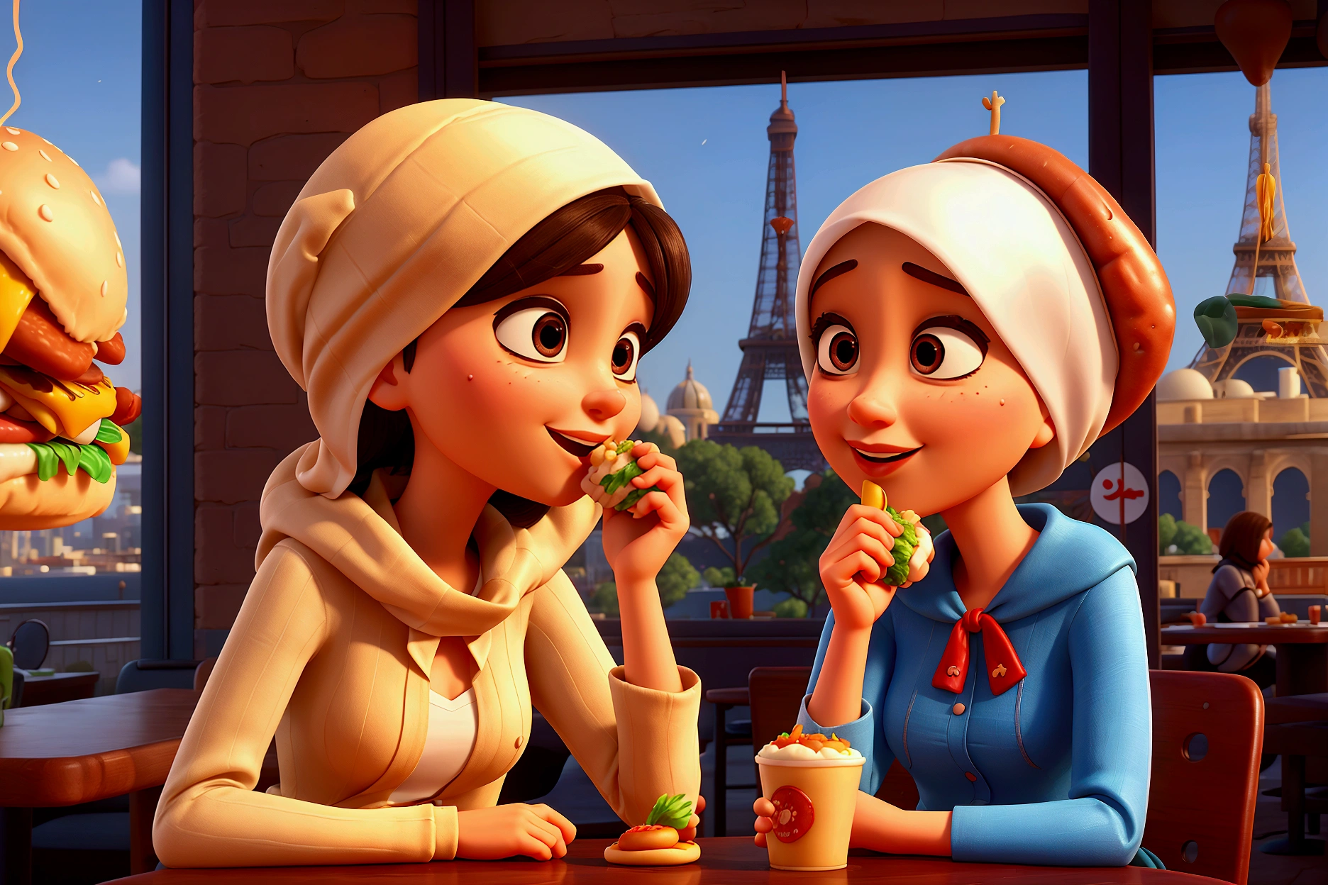 in paris restaurant, one arabe woman covered head, eating hamburger, people, side view, extreme details, 3D pixar